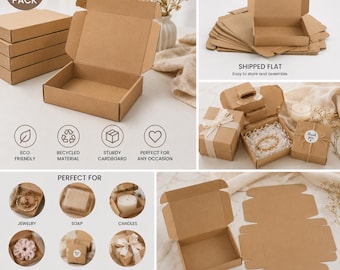 May include: Kraft brown cardboard boxes, perfect for small business packaging, gifts, and accessories. The boxes are eco-friendly, made of recycled material, and sturdy. The image shows the boxes assembled and flat, with text that says "Shipped Flat".