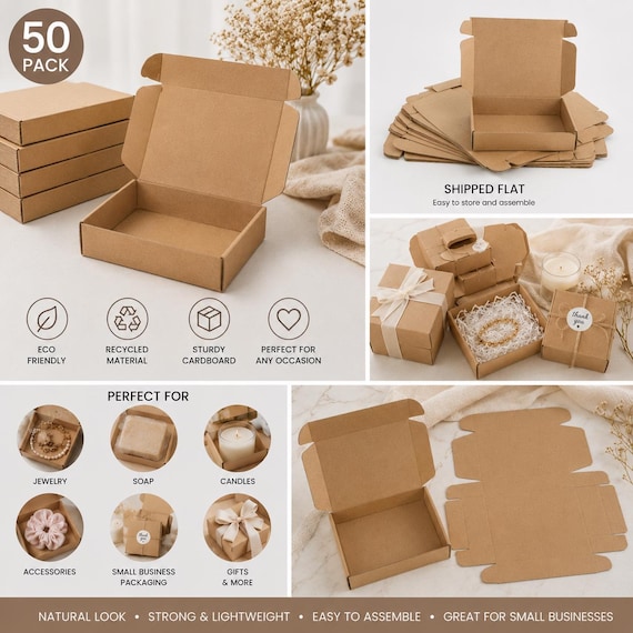50 Kraft Mailer Boxes, Brown Cardboard Packaging Boxes, Small Gift Boxes for Jewelry, Soap, Candles, Small Business Packaging