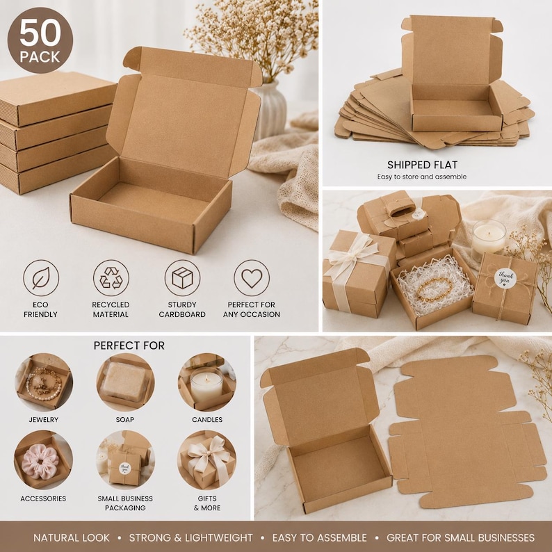 May include: Kraft brown cardboard boxes, perfect for small business packaging, gifts, and accessories. The boxes are eco-friendly, made of recycled material, and sturdy. The image shows the boxes assembled and flat, with text that says "Shipped Flat".