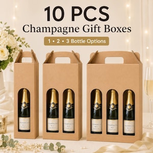 Op de afbeelding: Een set van 10 bruine kartonnen champagnegeschenkdozen met geïntegreerde handvatten en uitgesneden vensters. De dozen zijn beschikbaar in drie maten voor één, twee of drie flessen. De tekst op de afbeelding luidt 10 PCS Champagne Gift Boxes.