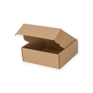 May include: A brown cardboard box with the top flap open. The box is rectangular with a simple design, suitable for shipping or storage. The box is empty and sits on a white background.
