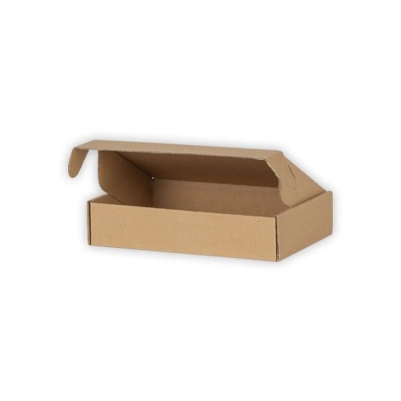 May include: An open, rectangular cardboard box with a folded lid. The box is a light brown color and sits against a white background. The box is empty and ready for use.