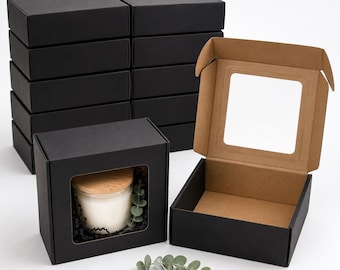 20 Black Gift Boxes with Window 200x200x100mm, Luxury Candle Packaging, Foldable Gift Boxes, Small Business Packaging