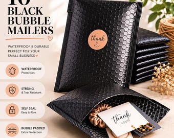 Black Bubble Mailers 10 Pack, Waterproof Padded Shipping Envelopes, Self Adhesive Poly Mailers for Etsy Sellers, Boutique Packaging