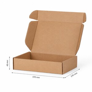 May include: An open, brown cardboard box with dimensions of 195 mm x 145 mm x 48 mm. The box has flaps that fold over to close. The box is empty and sits on a white background.