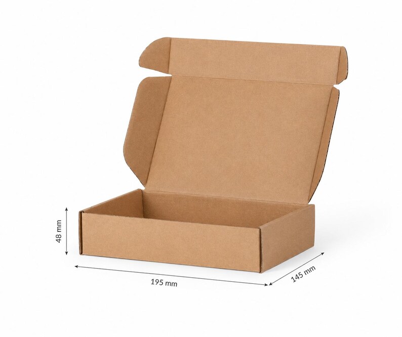 May include: An open, brown cardboard box with dimensions of 195 mm x 145 mm x 48 mm. The box has flaps that fold over to close. The box is empty and sits on a white background.