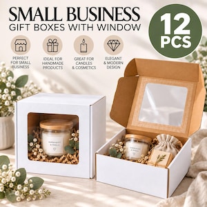 May include: A set of 12 white cardboard gift boxes with clear plastic windows. One box is closed, displaying a candle inside, while another is open, revealing a candle and a small fabric pouch. Text reads: SMALL BUSINESS GIFT BOXES WITH WINDOW.