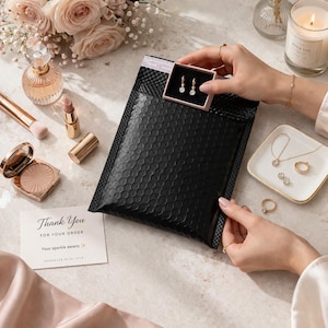 May include: A black bubble mailer holds a small jewelry box with earrings. A card reads "Thank You for Your Order. Your sparkle awaits." Other items include makeup, a candle, and a tray with jewelry.