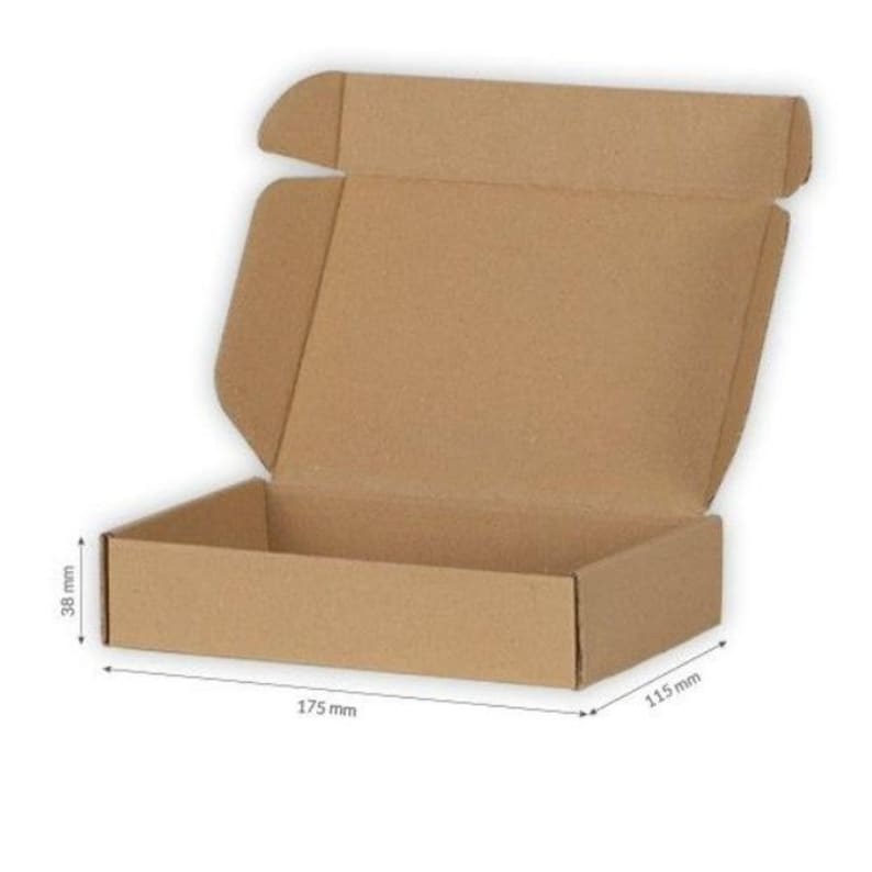 May include: An open, brown cardboard box with dimensions labeled in millimeters: 175 mm long, 115 mm wide, and 38 mm high. The box has flaps on the top and is designed for shipping or storage.