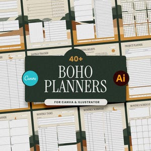 Puede incluir: Una colección de planificadores Boho beige y marrón con varios diseños para el seguimiento de gastos, ahorros y horarios mensuales. La imagen incluye el texto "40+ Boho Planners" y "For Canva & Illustrator."