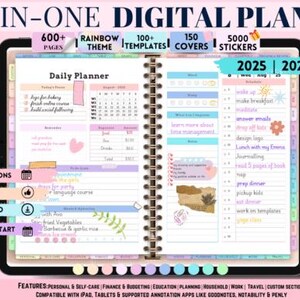 Puede incluir: Planificador digital con tema arcoíris, más de 600 páginas, 100+ plantillas y 150 cubiertas. Incluye integraciones de calendario, fácil de usar y descarga instantánea. Compatible con iPad, tabletas y apps de anotación.