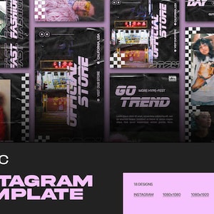 May include: A promotional image for an Instagram template, featuring a collage of fashion-related photos and text. The design includes the words "FAST FASHION", "OFFICIAL STORE", and "GO MORE HYPE-FEST TREND". The template is for 18 designs, with sizes 1080x1080 and 1080x1920.