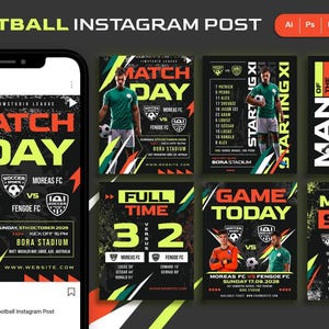 以下が含まれることがあります： サッカーをテーマにした一連のInstagram投稿。メイン画像は、選手とチームのロゴが入った「Match Day」グラフィックを表示する携帯電話です。他の投稿には、試合の統計、スターティングラインナップ、試合の詳細が含まれます。