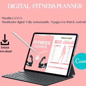 Puede incluir: Un planificador de fitness digital que se muestra en una tableta con teclado. La pantalla muestra un diseño rosa y blanco con las palabras "Fitness Planner" y "Fitness Goals". La imagen incluye un lápiz óptico, un icono de descarga y el logotipo de Canva.