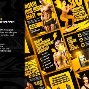 Puede incluir: Una plantilla de retrato de publicación de Instagram con temática de fitness con un esquema de color negro y amarillo. El diseño incluye imágenes de personas haciendo ejercicio, texto sobre entrenamientos, proteínas y tipos de ejercicios. La plantilla es para publicaciones en redes sociales.