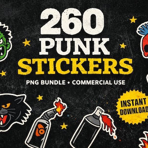 Może przedstawiać: Zestaw 260 naklejek w stylu punk w pakiecie PNG, z prawami do użytku komercyjnego. Obraz zawiera różne wzory naklejek, w tym zielonego potwora, czerwoną czaszkę, czarnego kota i dłoń wykonującą gest rock and rolla.