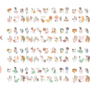 Puede incluir: Un diseño gráfico que presenta caras de arte lineal con elementos florales y abstractos. El diseño incluye el texto "Canva Mega Pack Line face" con detalles de 20 caras diferentes y 180 fondos. La paleta de colores incluye turquesa, melocotón y blanco.