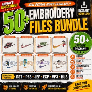 50+ Embroidery Files Bundle, Machine Embroidery Designs, DST PES JEF exp vp3 hus, Instant Download, Lifetime Updates