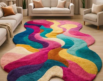 Alfombra peluda abstracta y colorida, moderna alfombra ondulada, alfombra de pelo largo hecha a mano, decoración para sala de estar y dormitorio, alfombra personalizada