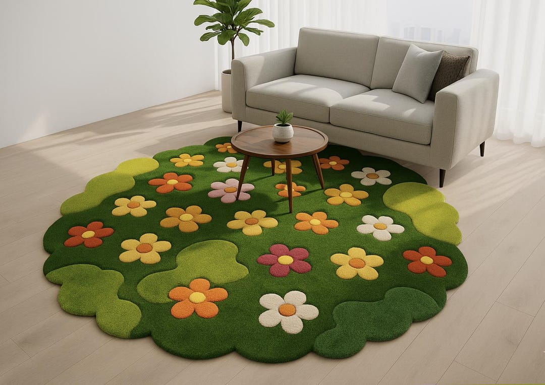 Green Abstract Rug: Hand-tufted New Zealand Wool Bloom Meadow Shaped ...