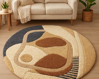 Hand-Tufted Wool Round Abstract Tufted Rug – Beige, Brown & Blue Modern Artistic Carpet