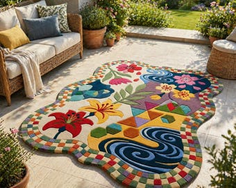 Hand Tufted Floral Abstract Area Rug, Colorful Irregular Shape Rug, Modern Botanical Carpet, Handmade Artistic Living Room Rug,