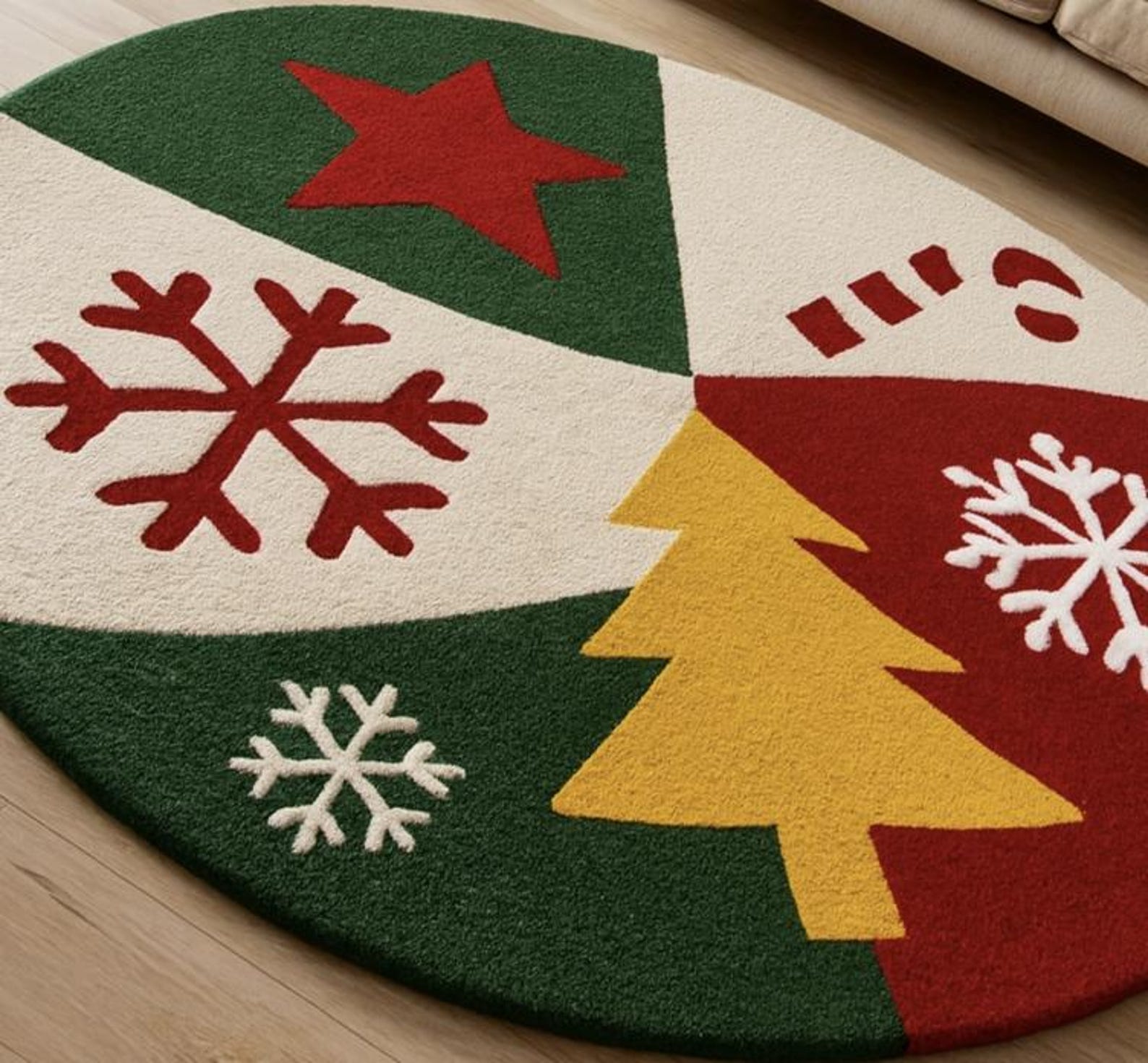 Festive Christmas Round Rug Holiday Tree & Snowflake Design Hand Tufted ...