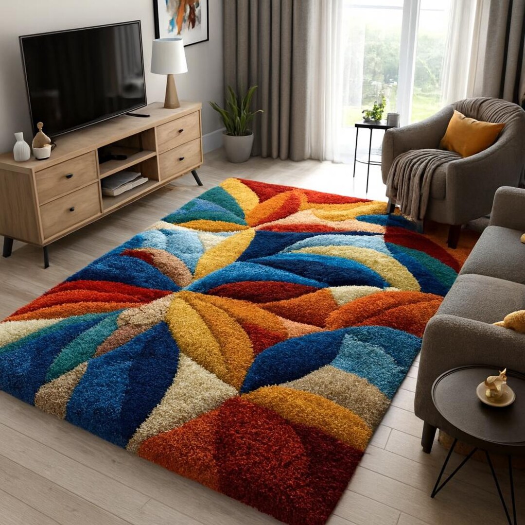 Colorful Abstract Geometric Shag Rug – Modern Multicolor Soft Plush ...