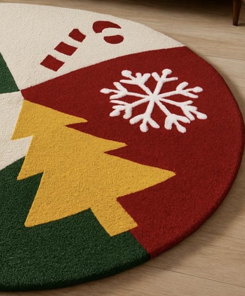 Festive Christmas Round Rug Holiday Tree & Snowflake Design Hand Tufted ...
