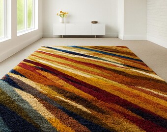 Handmade Multicolor Striped Wool Rug – Modern Abstract Area Carpet for Living Room, Bedroom & Home Decor