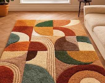 Handgemaakt modern abstract geometrisch vloerkleed – retro patchwork wollen tapijt uit het midden van de eeuw voor woonkamer en slaapkamer