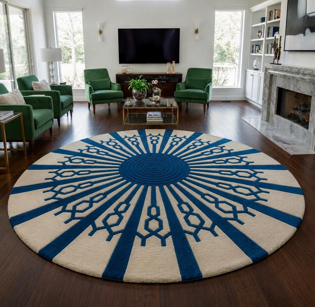 Hand Tufted Round Blue White Rug, Modern Geometric Circle Carpet ...