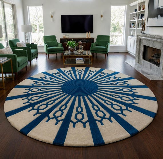 Handgetufteter Runder Blau Weißer Teppich, Geometrischer Kreis Teppich, Geometrischer Kreis Teppich, Geometrischer Teppich, Wollteppich, Wohnzimmerteppich