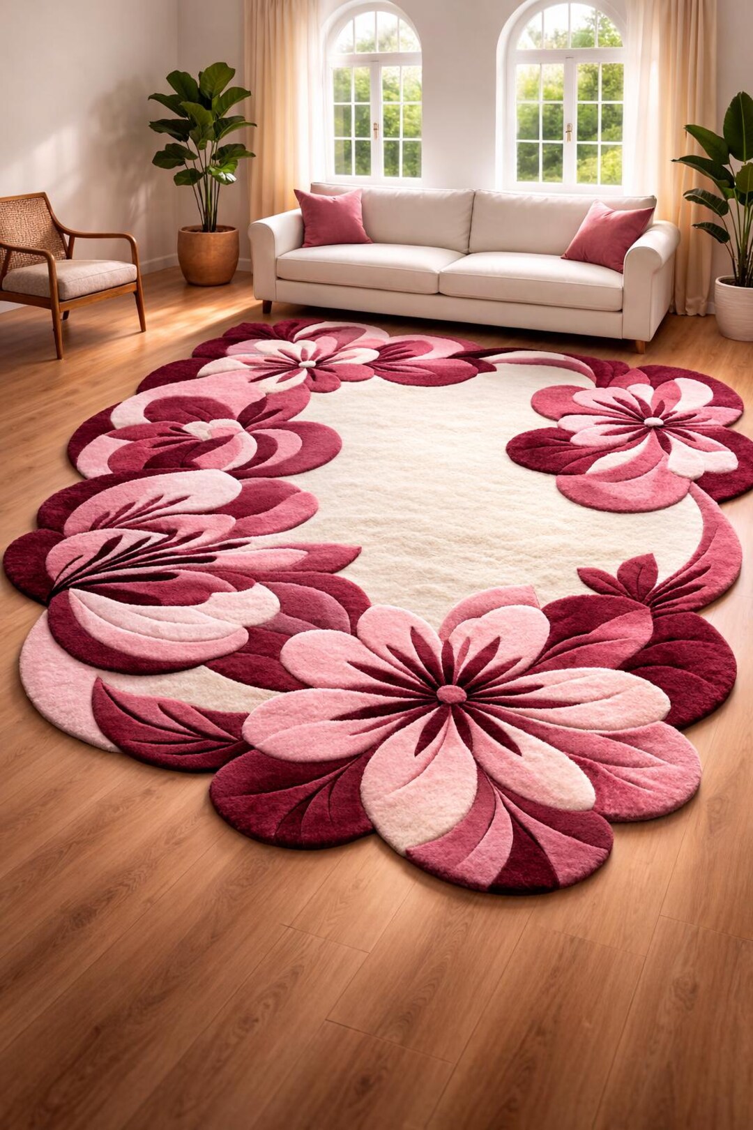 Pink Floral Area Rug, Hand Tufted Wool Rug, Flower Shape Rug, Modern ...