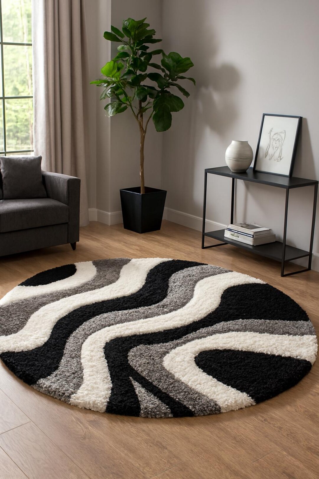 Modern Wave Round Shag Rug – Black, Grey & Ivory - Etsy