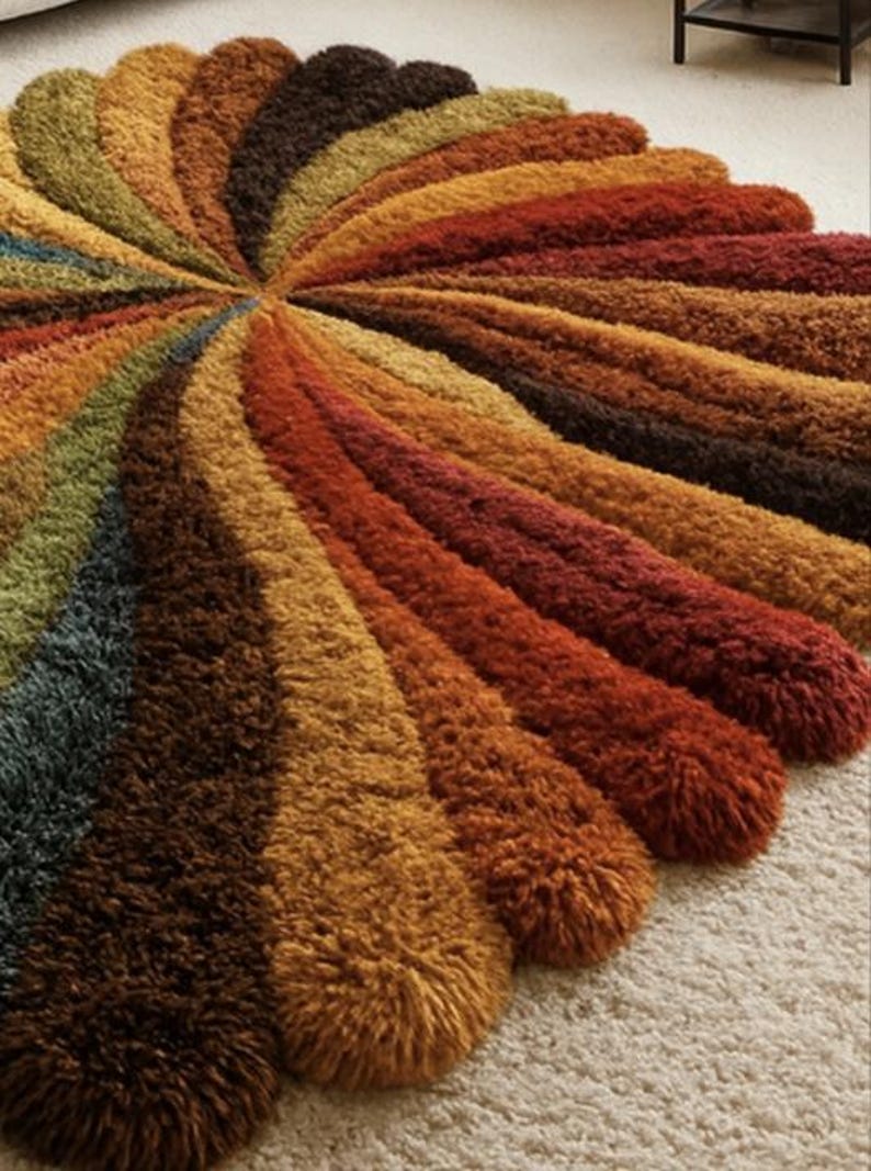 Hand Tufted Round Shag Rug, Multicolor Sunburst Wool Rug, Modern Boho ...