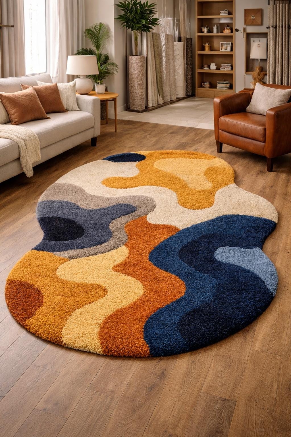 Modern Abstract Round Shag Rug – Plush Multicolor Wavy Design | Soft ...