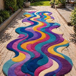 May include: A vibrant, wavy rug in shades of blue, purple, yellow, and pink. The rug's design features flowing, organic shapes, creating a colorful and eye-catching pattern. The rug is placed on a wooden deck, adding a touch of modern art to an outdoor space.