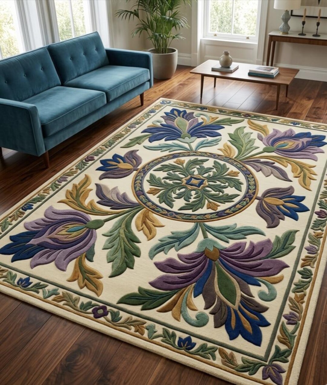 Handmade Floral Wool Area Rug, Large Botanical Living Room Carpet, Hand ...