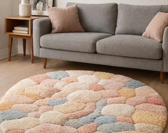 Pastel Round Shaggy Rug, Soft Plush Area Rug, Kids Room Cloud Carpet, Nursery Decor Rug, Cozy Bedroom Floor Mat, Modern Boho Circle Rug