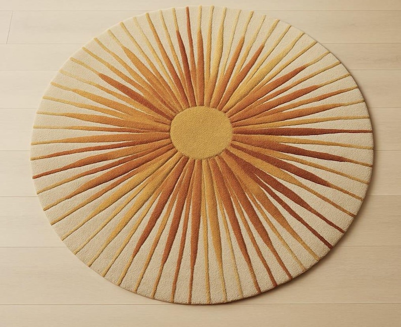 Puede incluir: Una alfombra redonda con dise&ntilde;o de rayos de sol. La alfombra presenta un c&iacute;rculo central amarillo mostaza, con l&iacute;neas radiantes en tonos naranja y beige sobre un fondo crema. Un accesorio decorativo para el hogar, de unos 150 cm de di&aacute;metro.