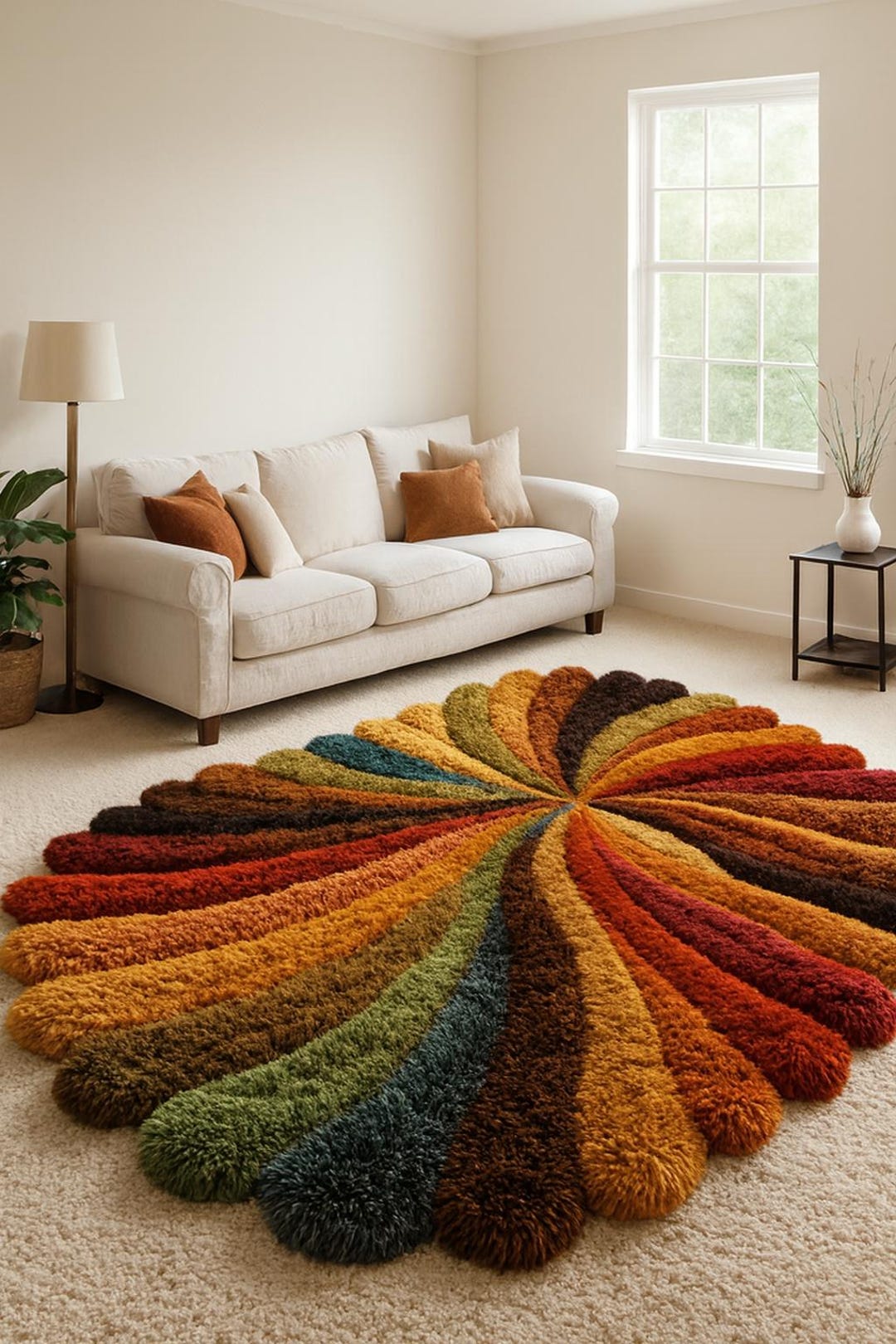 Hand Tufted Round Shag Rug, Multicolor Sunburst Wool Rug, Modern Boho ...