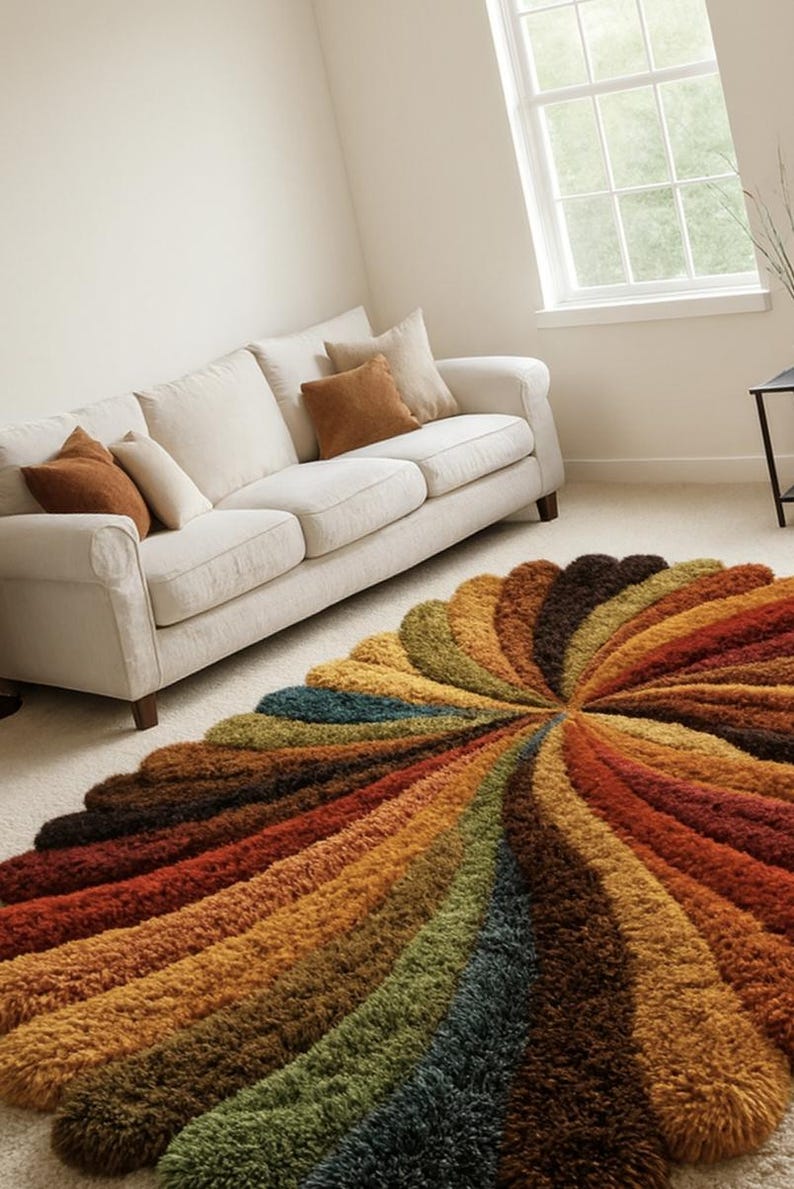Hand Tufted Round Shag Rug, Multicolor Sunburst Wool Rug, Modern Boho ...