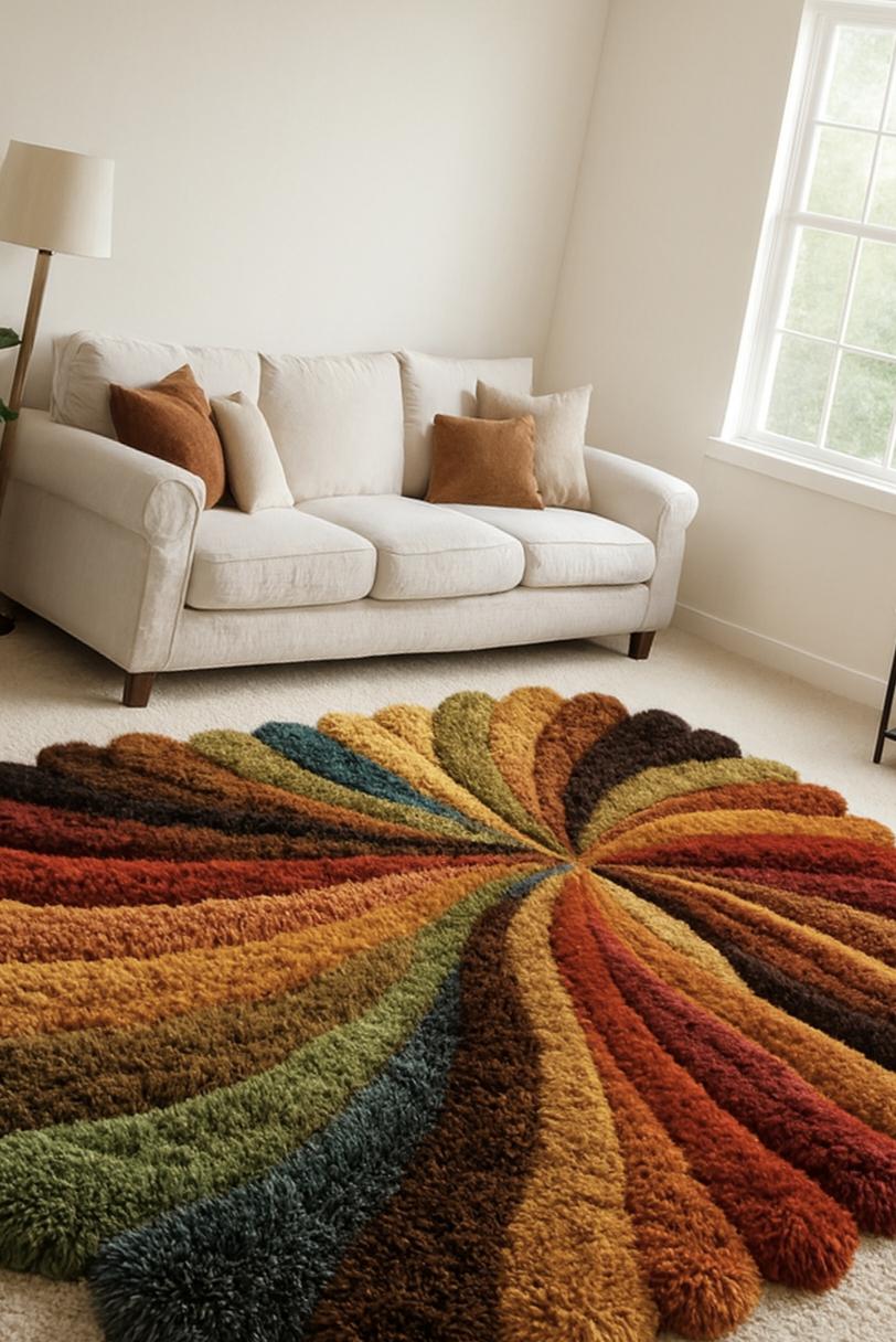 Hand Tufted Round Shag Rug, Multicolor Sunburst Wool Rug, Modern Boho ...