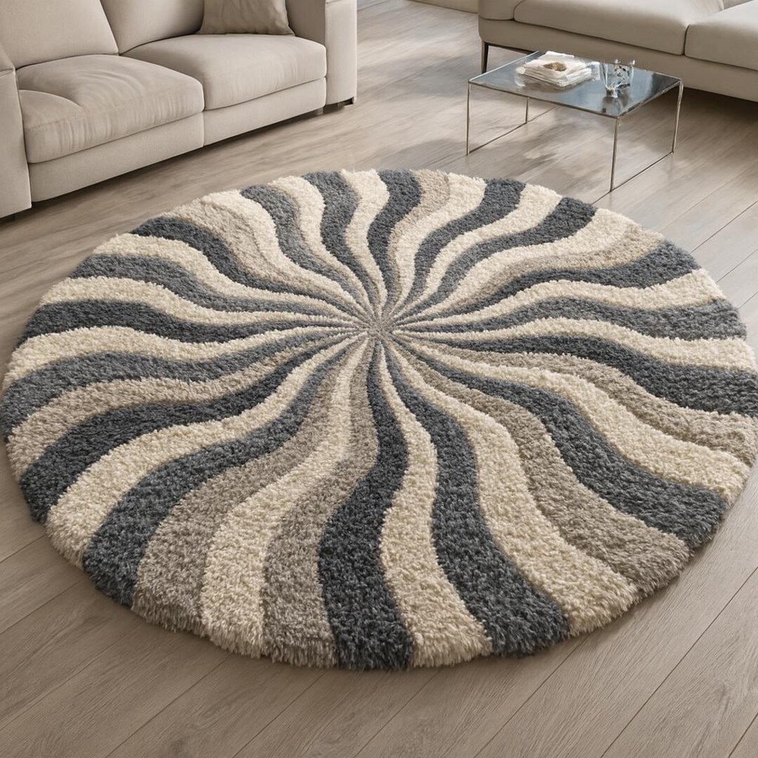 Modern Round Shaggy Rug Grey Beige Swirl Pattern | Plush Soft Circular ...