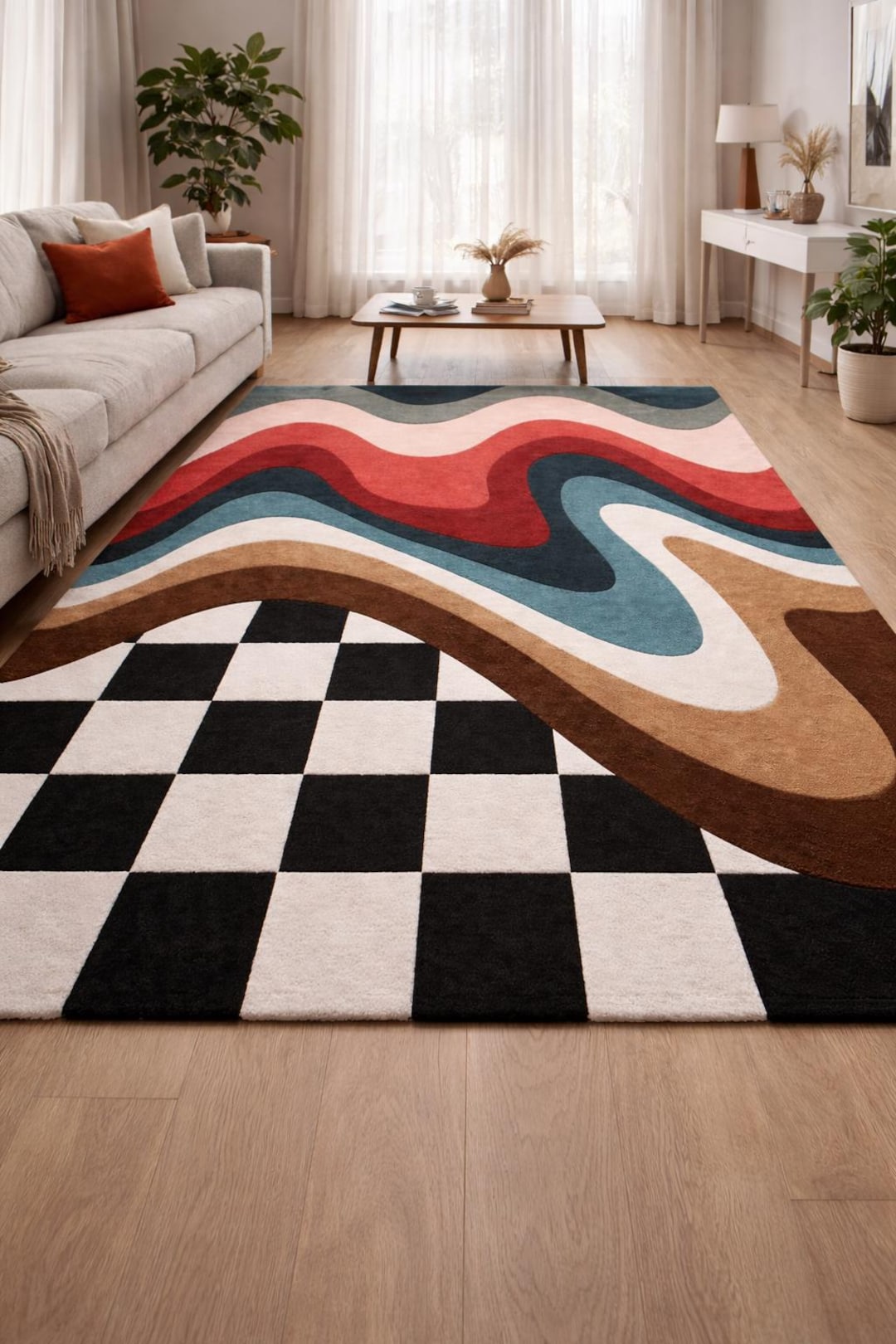 Modern Abstract Checkered Area Rug, Black White Checkerboard With ...