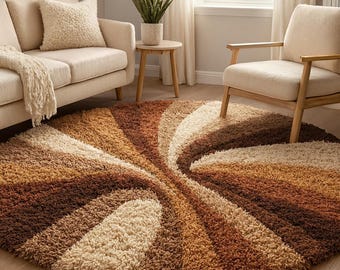 Round Abstract Shag Rug Brown  Beige Swirl Pattern High Pile Soft Carpet for Living Room & Bedroom Modern Hand-Tufted Area Rug