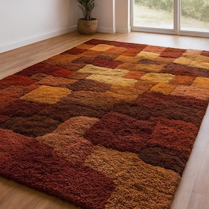 May include: A large, rectangular rug with a geometric pattern in shades of red, orange, and brown. The rug has a shaggy texture and is placed on a hardwood floor. A matching wall hanging is visible.