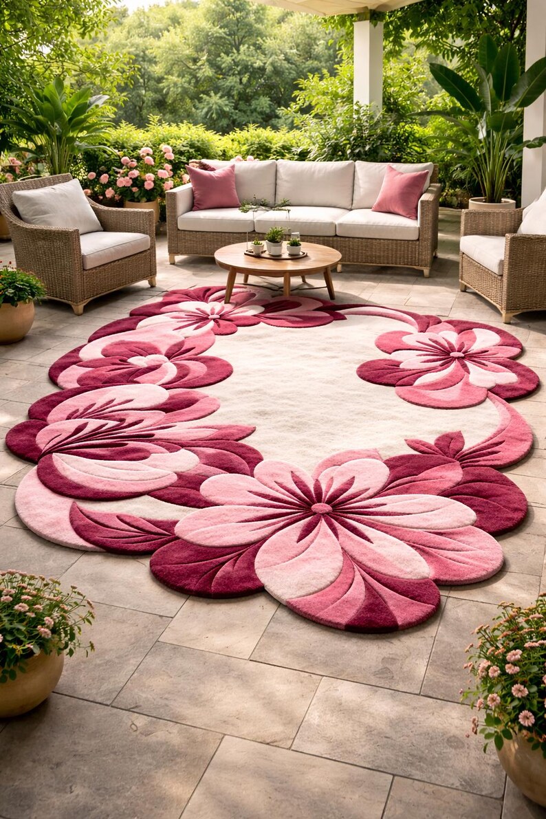 Pink Floral Area Rug, Hand Tufted Wool Rug, Flower Shape Rug, Modern ...