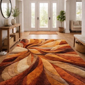 Modern Abstract Swirl Shag Rug – Hand Tufted High Pile Area Carpet in Warm Earth Tones for Living Room & Bedroom